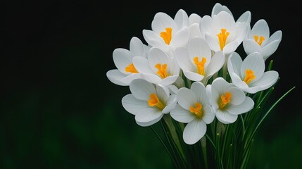 Close-up of White Crocuses with Yellow Centers Against a Dark Green Background