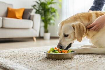 Labrador enjoying healthy meal on cozy carpet in bright living room