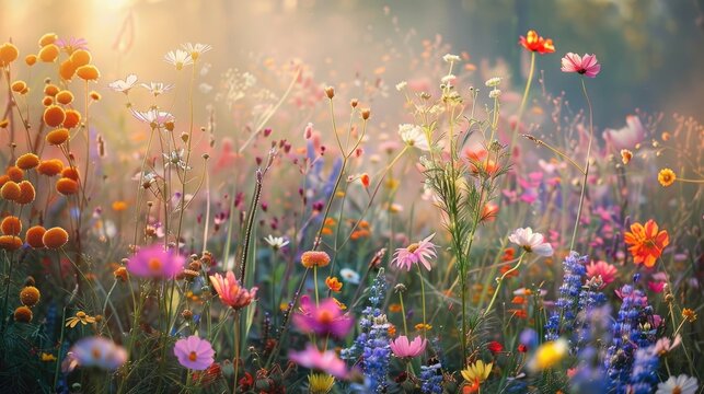 Colorful blooms at dawn in nature