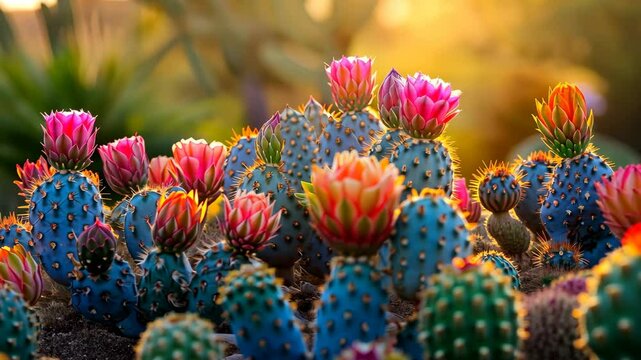 Vibrant cacti bloom in the golden hour light of a serene desert garden