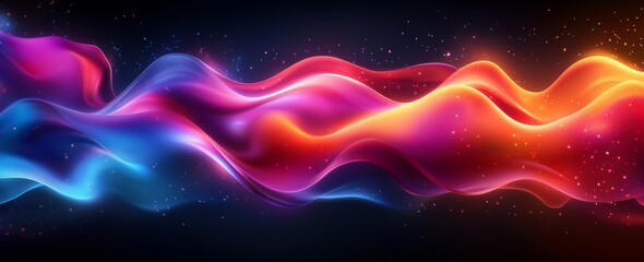 Fototapeta premium Abstract fluid waves in vivid orange, pink, and blue tones flow gracefully on a dark background, accented with glowing particles and neon gradient lighting effects