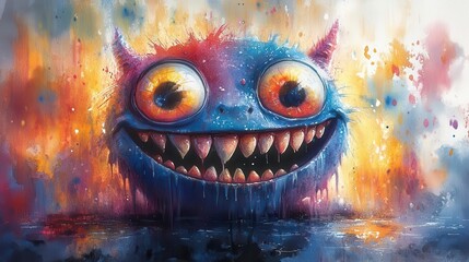 whimsical candy monster grins with childlike charm vibrant watercolors bring to life a playful creature made of sweets evoking joy and nostalgia in a burst of imaginative delight