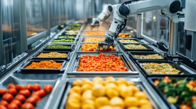 Overview of an automated food production line highlighting machinery and robotic arms sorting and packaging food