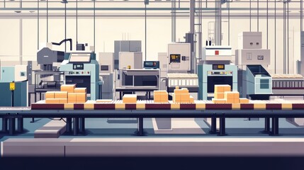 Illustration of a food packaging assembly line with machines and conveyor belts moving products through the process