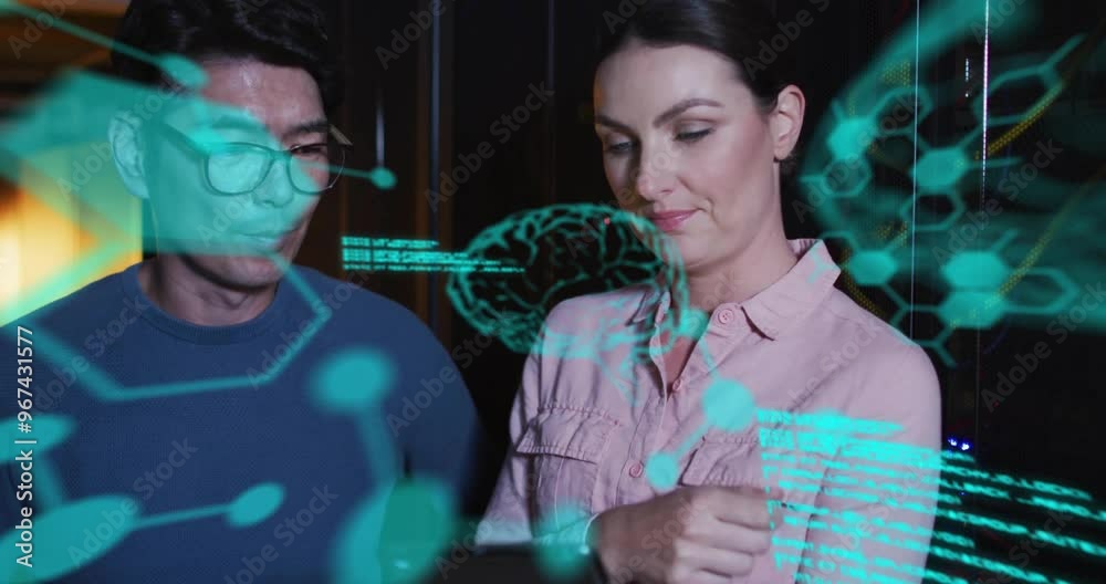 Poster animation of data processing with brains over diverse colleagues using tablet in server room