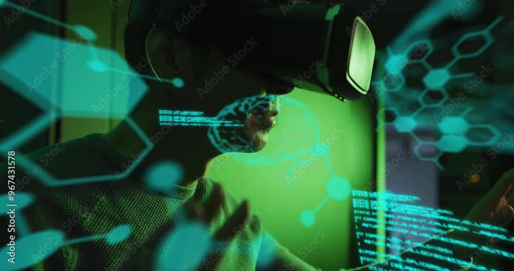 Poster animation of data processing with brains over asian businessman using vr headset in server room