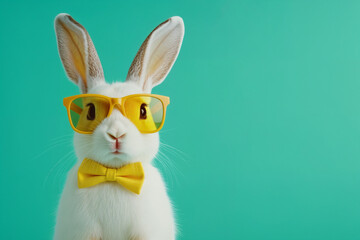 Fototapeta premium Cute white Easter bunny with yellow glasses and bow tie on a turquoise background. Spring concept, with copy space.