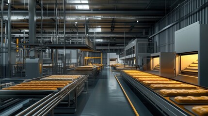 Fototapeta premium Depiction of a bakery assembly line in an industrial setting with large ovens and conveyor belts