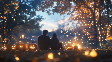 A quiet Halloween moment a family sitting by a bonfire