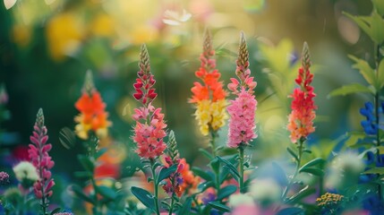 Colorful flowers gently swaying in lush garden