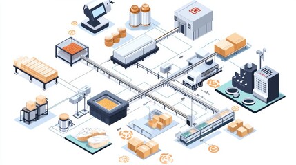 Obraz premium Flowchart illustrating food manufacturing processes from sourcing ingredients to shipping finished products