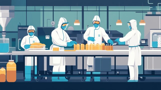 Illustration of workers in protective gear working in a hygienic food production environment