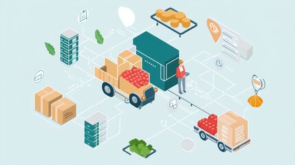 A graphic showing food traceability from farm to table with a focus on tracking systems and product labeling