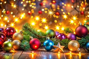 Vibrant holiday lights illuminate a festive backdrop of garlands and ornaments, casting a warm glow over the season's joy and celebration.