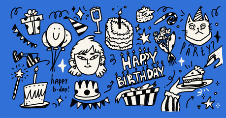 Set of happy birthday doodles. Party cake. Ellements collection and background. Scribble trendy sketches with jagged texture. Black and white vector isolated on blue background