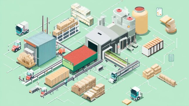 Illustration of supply chain logistics in the food industry from raw material sourcing to product delivery
