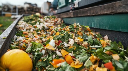 Illustration of food waste management practices in an industrial setting including composting and recycling processes