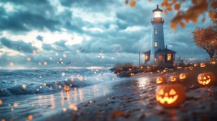 A rustic lighthouse glowing with jack-o-lanterns waves crashing in the background
