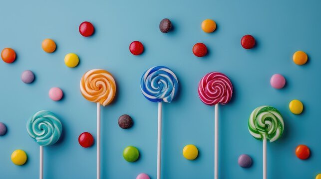 Colorful Lollipops on Blue Background Made of Candy - Powered by Adobe