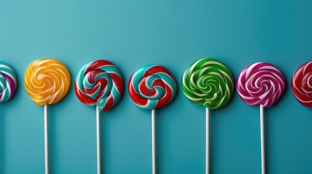 Colorful Lollipops on Blue Background Made of Candy