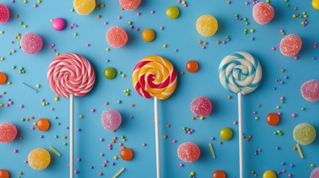 Colorful Lollipops on Blue Background Made of Candy - Powered by Adobe