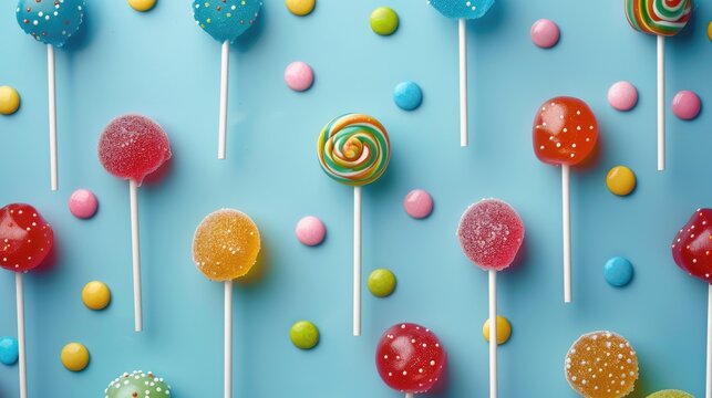 Colorful Lollipops on Blue Background Made of Candy - Powered by Adobe