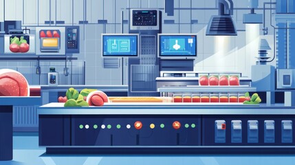 Conceptual illustration of a smart food factory with IoT devices monitoring production and quality control