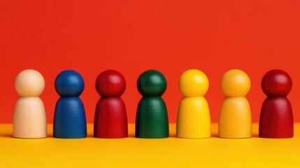 Colorful Wooden People in a Row on Yellow and Red Background