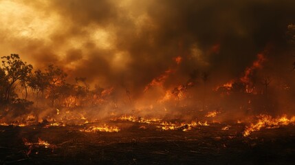 Fototapeta premium Intense forest fire scene with thick smoke and blazing flames illustrating environmental danger and destruction