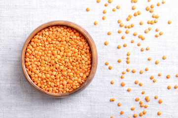 Red lentils in a wooden bowl on linen. Lentil variety with husk removed for a shorter cooking time and no soaking needed. Dried fruits of Lens culinaris, an edible legume with lens-shaped seeds.