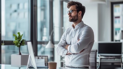 Fototapeta premium Confident Businessman in Modern Office Space, Embracing Professional Success