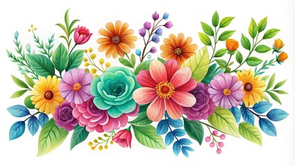 Vibrant flower border clip art featuring colorful blooms in a delicate arrangement, accented with gentle leaves and delicate stems.