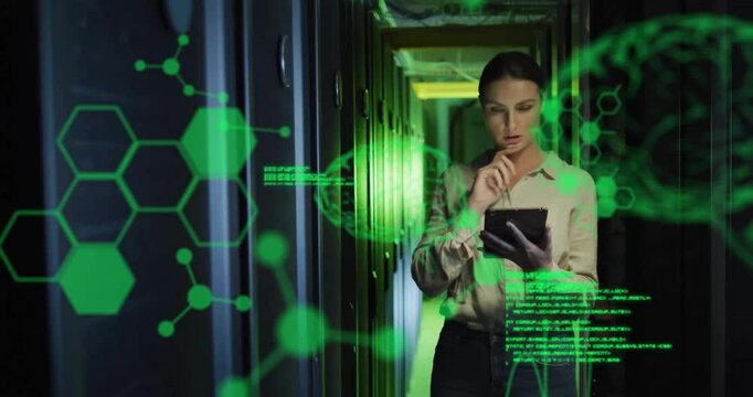 Animation of data processing with brains over caucasian businesswoman in server room