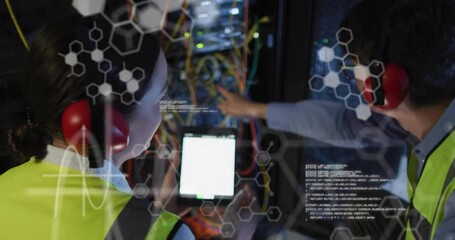 Animation of data processing and chemical formula over diverse workers in server room - Powered by Adobe