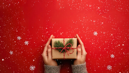Hands Holding Gift Box with Red Twine and Evergreen Branch on Red Snowflake Background, Christmas Flat Lay