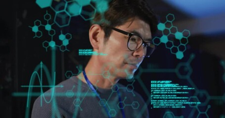 Animation of data processing and chemical formula over asian businessman in server room - Powered by Adobe