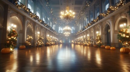 Obraz premium A spooky Halloween festival inside a haunted castle glowing pumpkins lighting up the grand ballroom