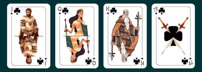 Jack of clubs, queen of clubs, king of clubs, ace of clubs. Playing cards design. Vector illustration