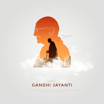 Happy Gandhi Jayanti Post and Flyer Template. Mahatma Gandhi Jayanti Creative with Text and Silhouette Vector Illustration