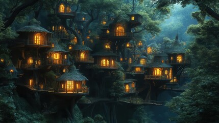 whimsical illustration of treehouse village hidden in dense jungle canopy fantastical architecture blending with nature