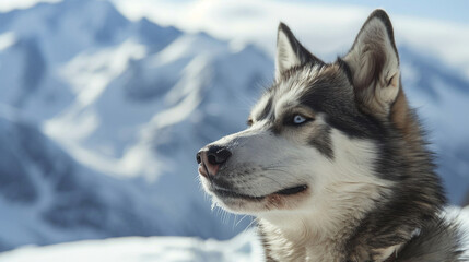 Fototapeta premium A smiling husky with its mouth slightly open, showing its teeth, framed by a background of snowy mountains.