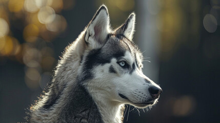 A close-up of a huskyâs side profile, focusing on its majestic snout and alert ears, with its thick fur glowing in the sunlight.