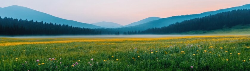 Temperate meadow with wildflowers, cool drizzle lightly falling, soft mist in the distance, peaceful and refreshing scene