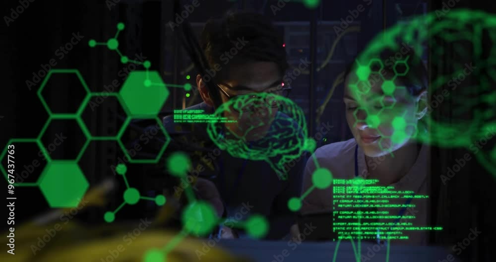 Poster animation of data processing with brains over diverse colleagues using tablet in server room