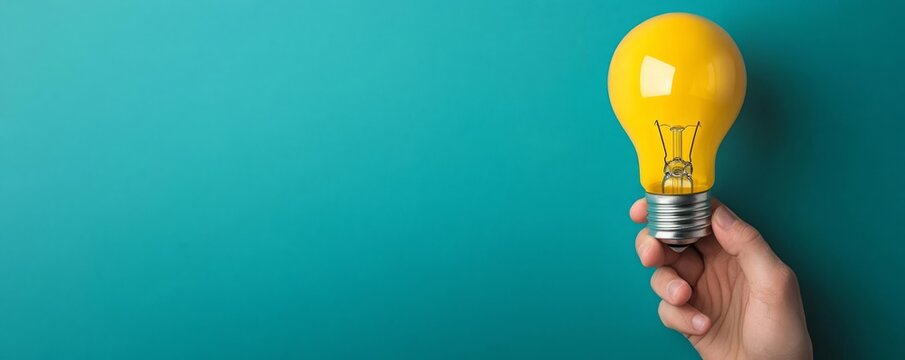 A hand holding a bright yellow light bulb against a vibrant teal background symbolizes creativity and inspiration.