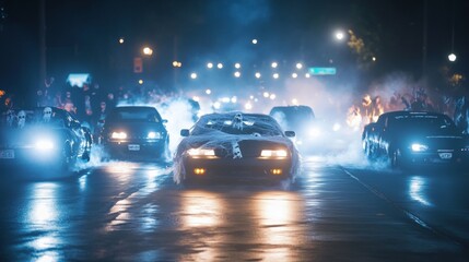 A spooky Halloween street race cars covered in cobwebs and bones