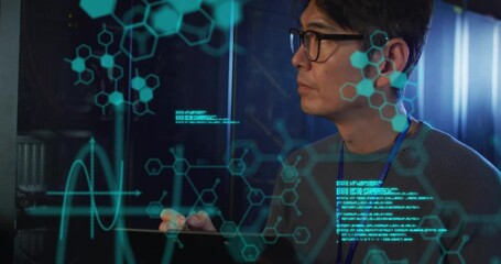Animation of data processing and chemical formula over asian businessman in server room - Powered by Adobe