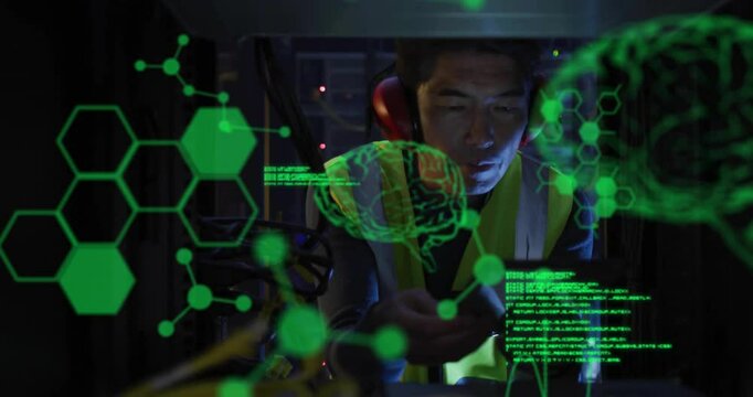 Animation of data processing with brains over asian male worker in server room