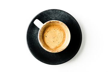 Cup of coffee on bright wooden background. Soft focus. Close up. Copy space.	