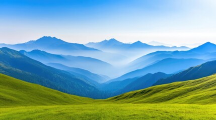 Fototapeta premium Summer mountains with a bright blue sky, a thin layer of mist lingering in the valleys, sunlight streaming through, creating a breathtaking vista